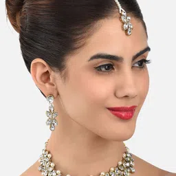 Zaveri Pearls Gold-Plated Stone Studded Pearl Choker Jewellery Set-picture-28