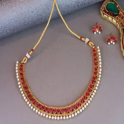 I Jewels Gold-Plated Stone-Studded & Pearl Beaded Choker Jewellery Set-picture-16