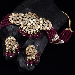 PANASH Gold-Plated Maroon Pearl Beaded Jewellery Set-picture-12