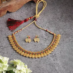 ZENEME Gold-Plated Stone-Studded & Beaded Temple Jewellery Set-image-87