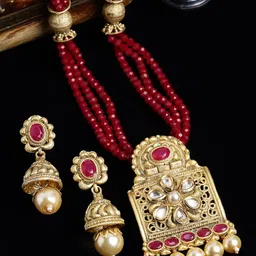 PANASH Red Gold-Plated Kundan Studded Handcrafted Jewellery Set image 1