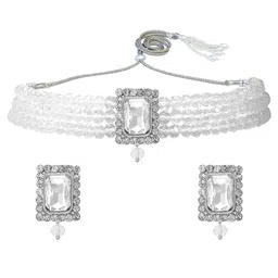 I Jewels Rhodium-Plated Silver-Toned & White Stones Studded & Beaded Jewellery Set-image-79