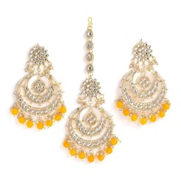ZENEME Yellow & White-Toned Gold-Plated Maangtikka With Earrings image 2