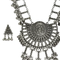 Moedbuille Silver-Plated Ghungru Studded Tribal Design Oxidised Jewellery Set image 2