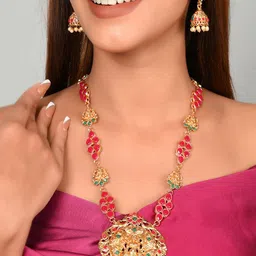 Shoshaa Gold-Plated Red Stone Studded Temple Jewellery Set-picture-25