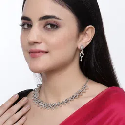ZENEME Rhodium Plated American Diamond Studded Necklace With Earrings image 5