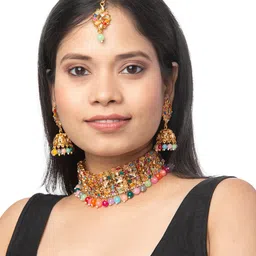 shining jewel - by shivansh Shining Jewel Gold-Plated Blue Stone-Studded & Beaded Jewellery Set image 5