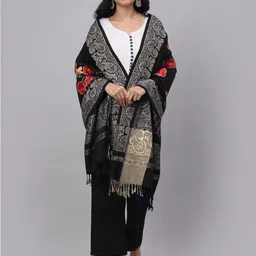 KLOTTHE Women Black & Coral Embroidered Woolen Stole-picture-31