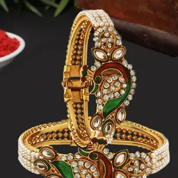 ZENEME Set Of 2 Gold-Plated Pearls Beaded Brass Antique Peacock Kada Bangles-image-9