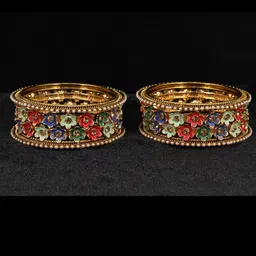 NMII Set Of 8 Artificial Stones Studded & Flower Pattern Metal Bangles-picture-30