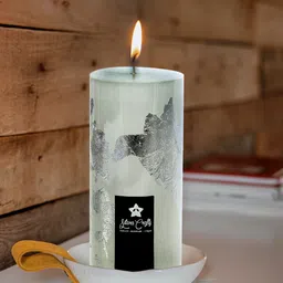 Sitara Crafts Silver Toned & White Pillar Candle with Silver Foil-picture-34