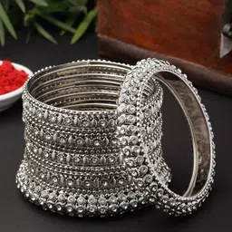 ZENEME Set Of 6 Silver-Plated Stone-Studded Bangles-picture-33