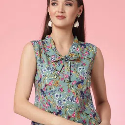 Oomph! Floral Printed Tie Up Neck Sleeveless Regular Top image 1
