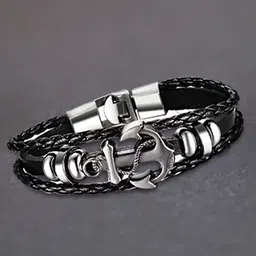 MEENAZ Silver-Toned & Black Leather Antique Silver-Plated Wraparound Bracelet-picture-37