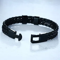 MEENAZ Men Leather Silver-Plated Wraparound Bracelet image 3