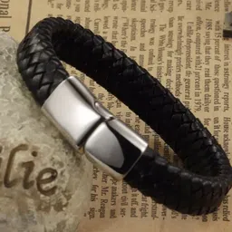 MEENAZ Men Leather Silver Plated Kada Bracelet image 5