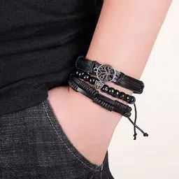 MEENAZ Men Set Of 3 Silver-Plated Beaded Leather Wraparound Bracelet image 4