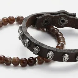 AQUATAN Men Set Of 2 Leather Strip Glass Beaded Elasticated Bracelets image 3