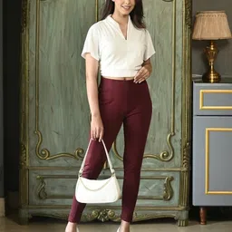 mlada Slim Fit Jeggings with Elastic Waist Band for Women Office Work Formal Wear Trousers Stretch Cotton Knit High Waist Skinny Fit Jeggings Lycra Pants Travel Comfort Jeggings image 2