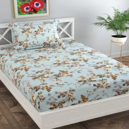 florida Blue Floral 130 TC Poly Cotton Single Bed Sized Bed Sheets With 1 Pillow Cover-picture-25