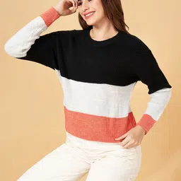 Honey by Pantaloons Women Black & Orange Colourblocked Acrylic Pullover-picture-14