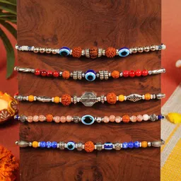 TIED RIBBONS Set of 5 Rudraksh Pearl Rakhi with Card & Roli Chawal image 2