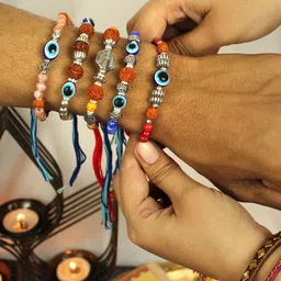 TIED RIBBONS Set of 5 Rudraksh Pearl Rakhi with Card & Roli Chawal image 5