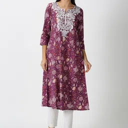 Saffron Threads Women Purple Floral A-line Kurta with Lucknowi Chikankari Embroidered Neck-picture-19