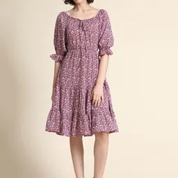 KERI PERRY Mauve Floral Printed Tiered Fit and Flare Dress image 1
