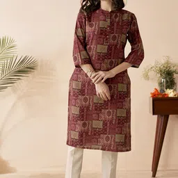 Anouk Maroon Ethnic Motifs Printed Mandarin Collar Chanderi Silk Straight Kurta-picture-15