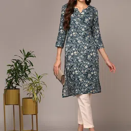 AHIKA Floral Printed Notched Neck Straight Kurta-image-10