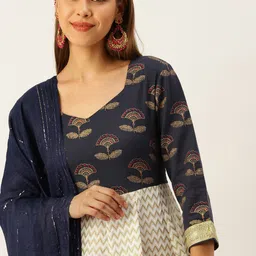 HERE&NOW Women Blue & Cream-Coloured Ethnic Motifs Printed Anarkali Kurta With Dupatta image 2