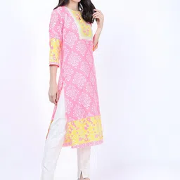 Vishudh Pink & Yellow Floral Printed Keyhole Neck Kurta image 4