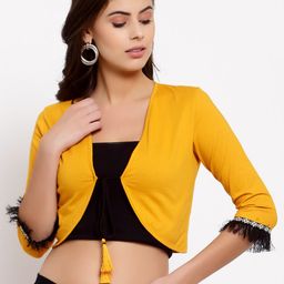 Style Quotient Women Mustard Tasselled Cotton Crop Shrug-picture-6