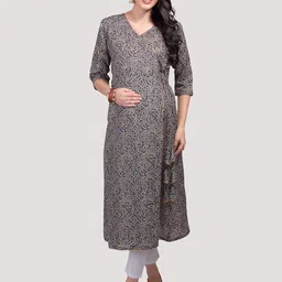 Mom For Sure by Ketki Dalal Floral Printed V-Neck Cotton Angrakha A-Line Maternity Kurtas-picture-15