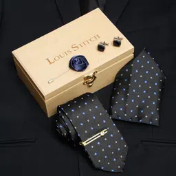 LOUIS STITCH Men Metal Black Italian Silk Necktie Accessory Gift Set-image-32
