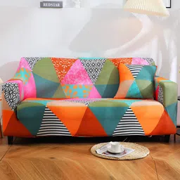 HOUSE OF QUIRK Blue & Orange Printed 3-Seater Stretchable Non-Slip Sofa Slipcover-picture-41