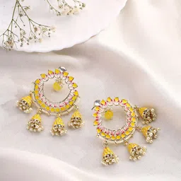 Priyaasi Gold-Plated Beads Beaded Enamelled Lotus Shaped Chandbalis image 2