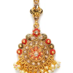 ANIKAS CREATION Gold-Plated Red & White Enamelled Hand-Painted Maang Tikka image 4