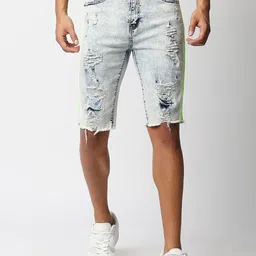 WAIMEA Men White Washed Distressed Skinny Fit Denim Shorts-picture-12