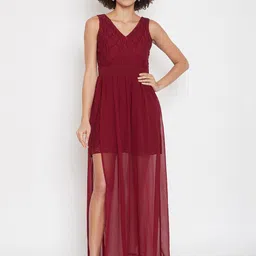 La Zoire Maroon Layered Georgette Maxi Dress-image-80
