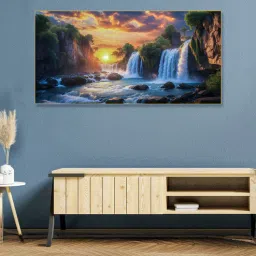 nestroots Gold Canvas Framed Serene Sunset Over Waterfall Bridge Wall Painting-picture-28