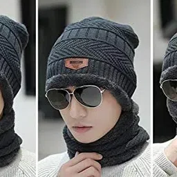 jmp 2 Pieces Neck Scarf Set Warm Knitted Fur Lined Winter Beanie Cap for Men and Women (Grey) image 4