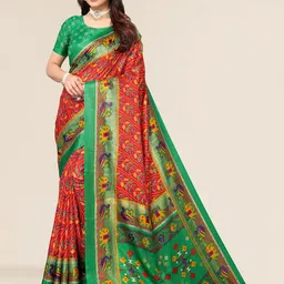 Winza Designer Red & Green Bandhani Zari Silk Cotton Mysore Silk Saree-picture-28