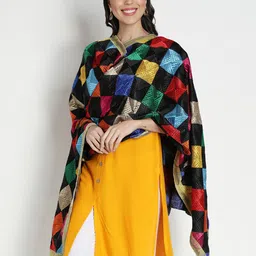 Moda Chales Woman Black & Multicoloured Embroidered Dupatta with Phulkari-picture-38