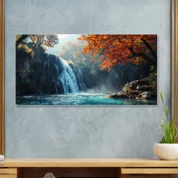 nestroots White Canvas Framed Autumn Serenity Forest Waterfall Escape Wall Painting(12X24 Inch)-picture-14