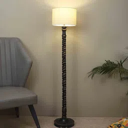 tu casa Off White Cotton Shade Novelty Floor Lamp Mango Wood Base image 1