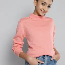JUSTICE Girls Peach-Coloured Ribbed Acrylic Turtle Neck Pullover-image-44