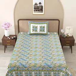 JAIPUR FABRIC Blue & White Floral Single Bedsheet with 1 Pillow Covers-picture-36
