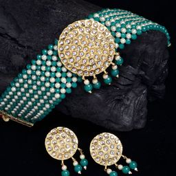 PANASH Woman Gold & Green Stone-Studded & Beaded Choker Jewellery Set-picture-38